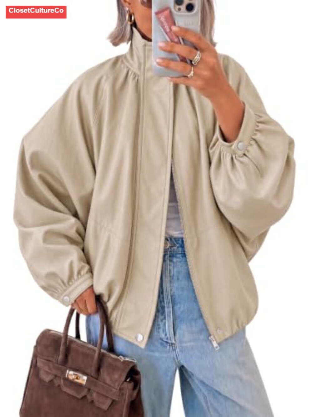 Faux Leather Bomber Jacket Long Sleeve Zip Fall Coat